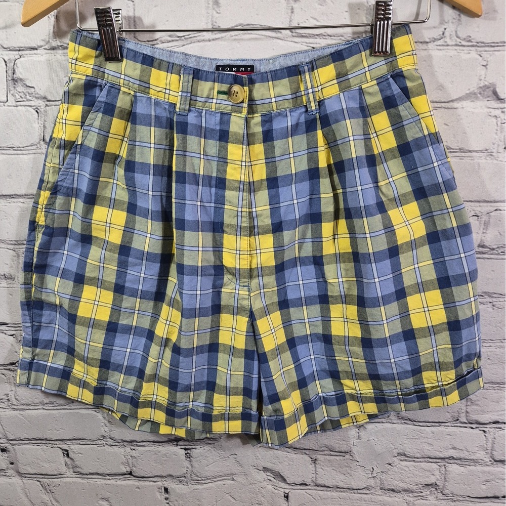 Vtg 90s Y2K Tommy Hilfiger women shorts size 10 PLAID pleated cuffed Preppy